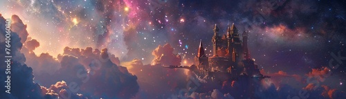 Exploration of a dreamlike universe where majestic castles float among cosmic nebulas and starry skies