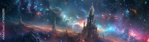 Exploration of a dreamlike universe where majestic castles float among cosmic nebulas and starry skies photo