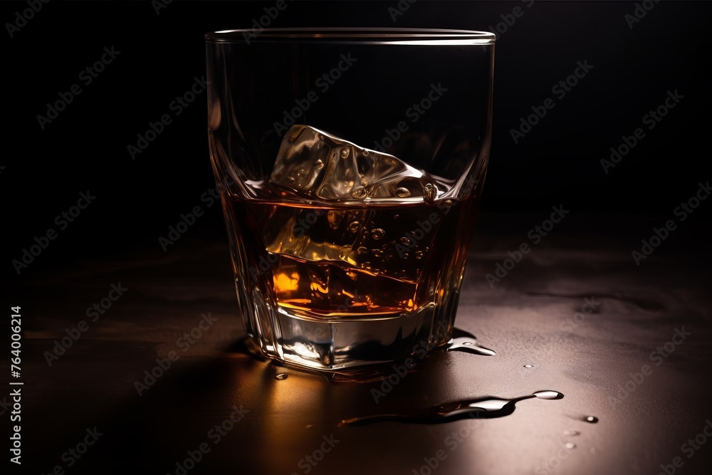 A whiskey glass with ice, subtle reflections, and a dark background A whiskey glass with ice, subtle reflections, and a dark background