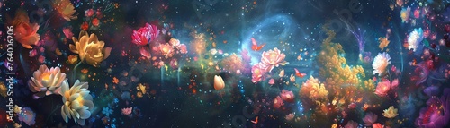 Exploring a secret garden floating in space where celestial flowers bloom with radiant colors