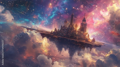 Exploring enchanted celestial castles floating among the cosmos