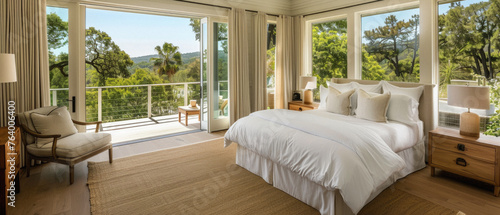 Cozy bedroom interior design. Modern light house or hotel room with comfortable large king size bed  luxury linen and stylish trendy minimal or classic decor background. Bedroom home furniture shop.