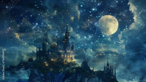 Fantasy voyage to a moonlit utopia with castles floating in an ethereal skyward adventure