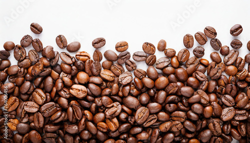Coffee beans border: isolated on white background banner, with ample white space for captions. Panoramic view