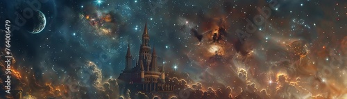 Floating through a magical universe a castle offers unparalleled views of the cosmos