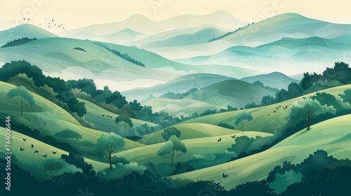 Abstract graded green colors landscape wallpaper background illustration desig, hills and mountains, copy and text space, 16:9