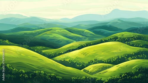 Abstract graded green colors landscape wallpaper background illustration desig, hills and mountains, copy and text space, 16:9 © Christian