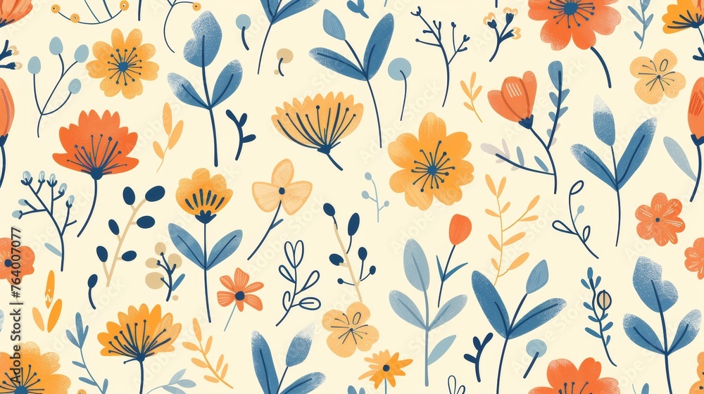 Doodle floral pattern with flowers and leaves with a gentle, springtime feel.