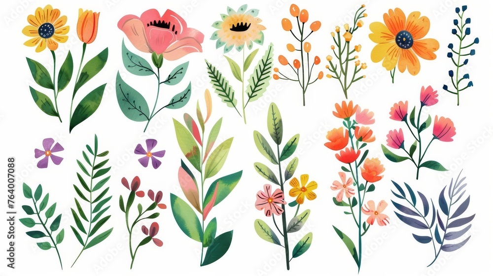 Colorful floral collection with leaves and flowers drawn by watercolor. Perfect for invitations, weddings, and greeting cards.