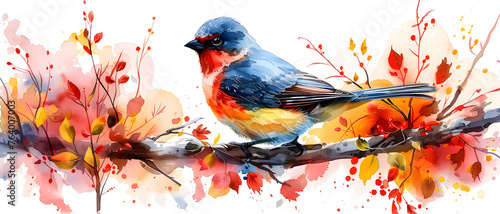 An artistic, watercolor painting of a colorful bird perched on a flowering branch, showcasing vivid autumn hues