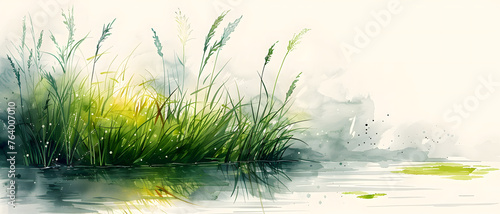 An evocative watercolor painting depicting a calm wetland with tall grasses and reflective water at sunrise