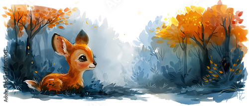 A cute fawn rests among vibrant autumn leaves, the illustration captures the innocence and beauty of wildlife
