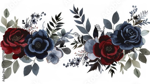 Flowers set with red, burgundy, navy blue roses, green leaves, wedding concept. Modern arrangements for invitations and greeting cards. photo