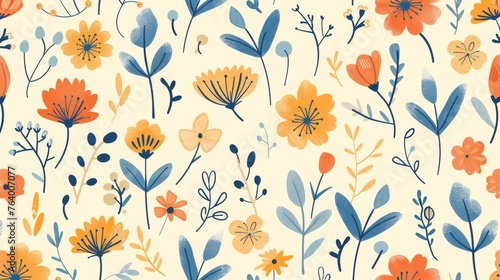 Doodle floral pattern with flowers and leaves with a gentle  springtime feel.