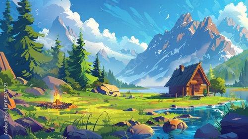 The scenery of a panoramic summer landscape with a wooden hut and campfire on the shore of a lake near rocky mountains. Cartoon modern illustration of a wood cottage near a water pond for outdoor photo