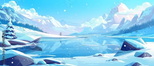 A winter landscape with snow covered ponds and shores, surrounded by high hills, decorated with blue skies and clouds. Backgrounds are cartoon modern panoramic with ponds and shores covered with