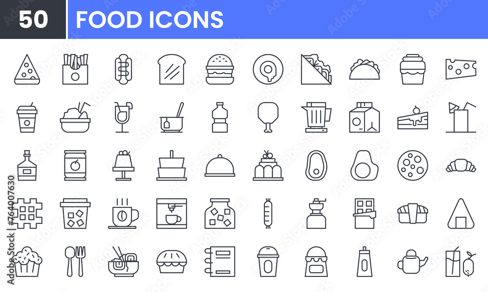 Food vector line icon set. Contain linear outline icons like Cake, Dessert, Seafood, Fast Food, Tea, Coffee, Beverage, Juice, Bakery, Meat, Ice Cream, Donuts, Sandwich. Editable use and stroke. Food vector line icon set. Contain linear outline icons like Cake, Dessert, Seafood, Fast Food, Tea, Coffee, Beverage, Juice, Bakery, Meat, Ice Cream, Donuts, Sandwich. Editable use and stroke.