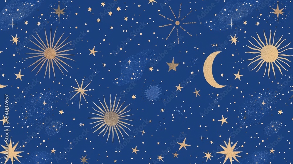 Modern illustration of a seamless blue space pattern with sun, crescent, and stars on a blue background. Suitable for wallpaper, fabrics, astrology, and fortune telling. Modern illustration of a seamless blue space pattern with sun, crescent, and stars on a blue background. Suitable for wallpaper, fabrics, astrology, and fortune telling.