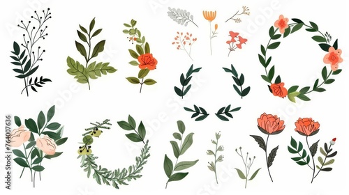 A set of floral elements: leaves, flowers, branches, and wreaths