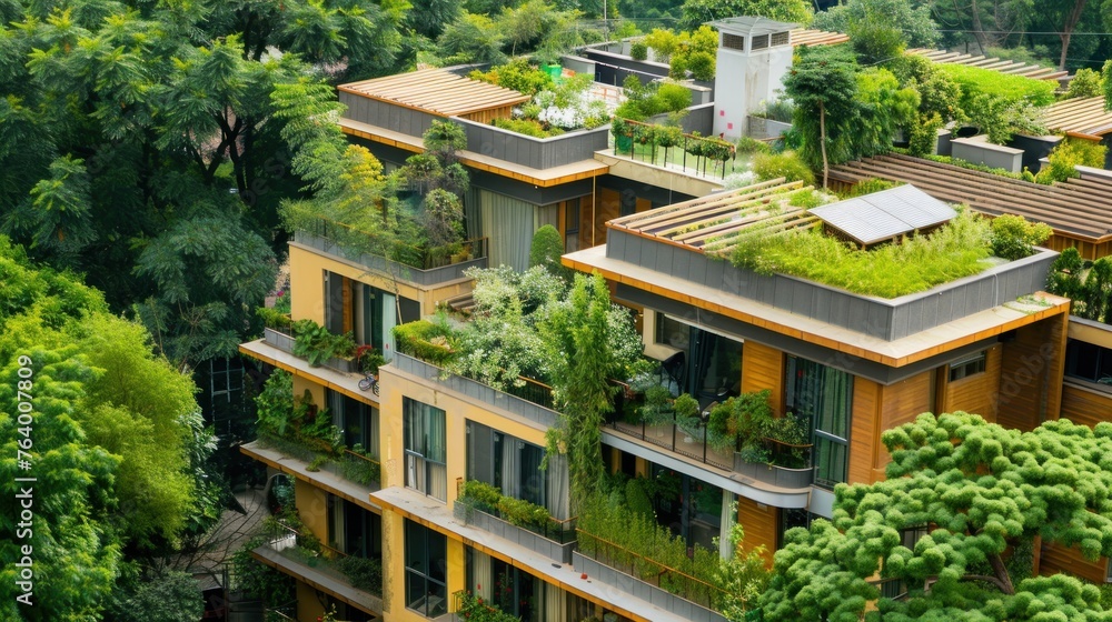Design a multi-story apartment complex with green roofs, solar panels, and vertical gardens. 