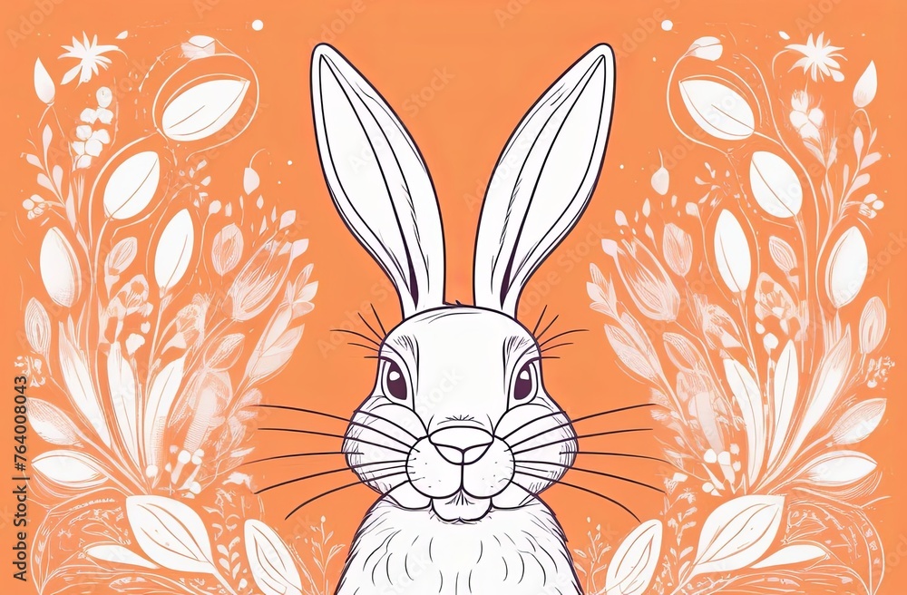 illustration of easter bunny on a plain orange background. Greeting card, postcard,banner. Easter advertising concept