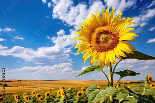 Sunflower in the field of sunflowers against blue sky with white fluffy clouds. Ai Generative