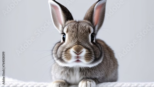 Picture of grey bunny isolated on plain background. Greeting card, postcard,banner. Easter advertising concept.