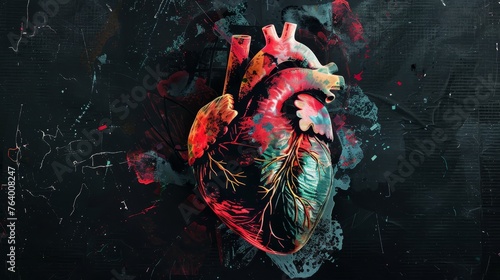 Cut out of an old magazine. Anatomical heart in halftone effect. Isolated on a black background. An element for collage. Modern illustration.