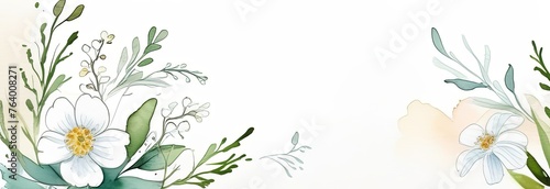 Composition of white spring flowers and green branches over white background. Springtime holidays concept with copy space. Watercolor illustration, banner,panorama,background © Ekaterina