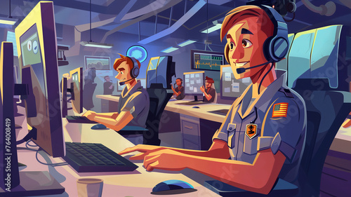 a 911 call center for first responders, fire, police, and medical personnel, in an Emergency-themed, Horizontal format in JPG, Cartoon Illustration. Generative ai