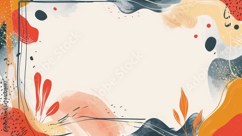 Abstract framed background. Modern illustration of a square card with modern organic shapes, liquid elements, flowing curves, waves, plus flowing blobs and blots.
