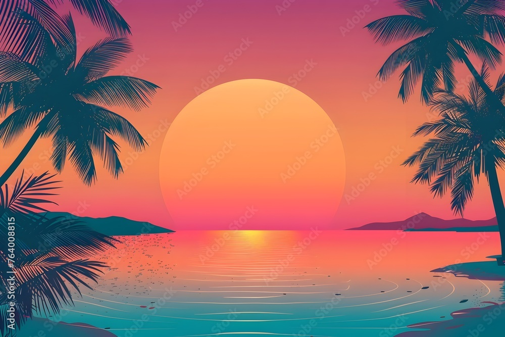 Tropical sunset with palm silhouettes and ocean - Vibrant sunset hues over tranquil water with silhouetted palm trees on a tropical beach, reflecting serenity and natural beauty