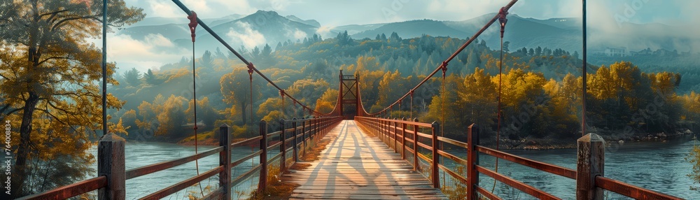 Fototapeta premium Sunset over river, bridge, and lake with cityscape and mountains in the background, under a colorful sky