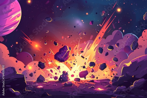 Space background with planets and explosion. Modern cartoon fantastic illustration of explosion in cosmos after catastrophe or collision.