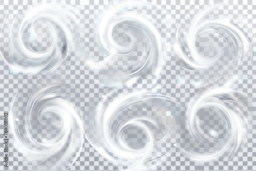 Isolated snow storm or wind swirls isolated on transparent background. Modern illustration of a white spiral, wave, and curve vortex effect. photo