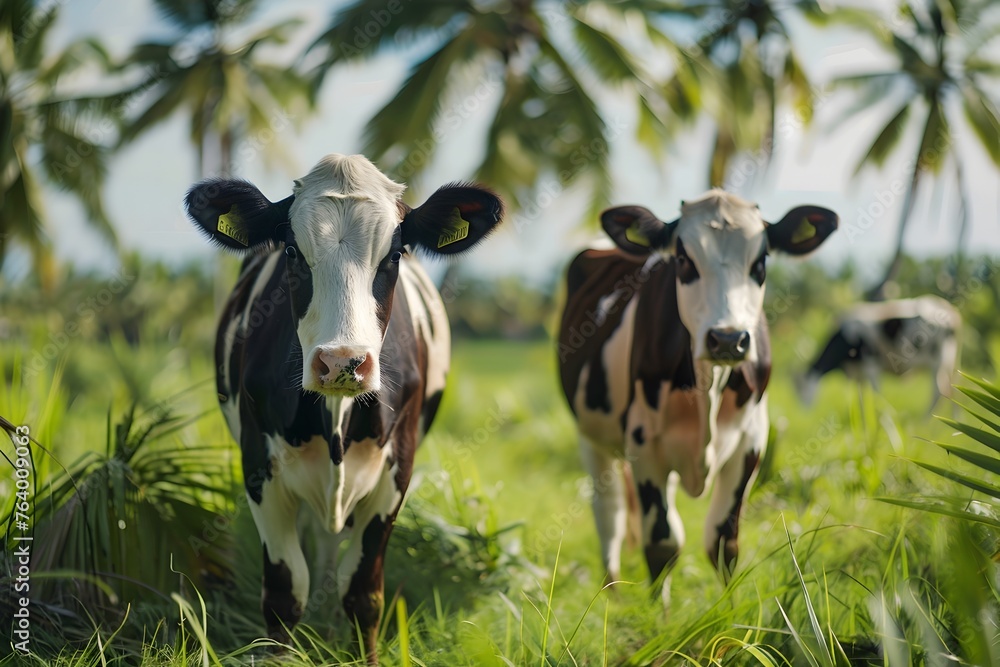 Two cows in a green field with palm trees - A serene portrait of dairy cows grazing peacefully in a lush green field with tropical palm trees in the backdrop