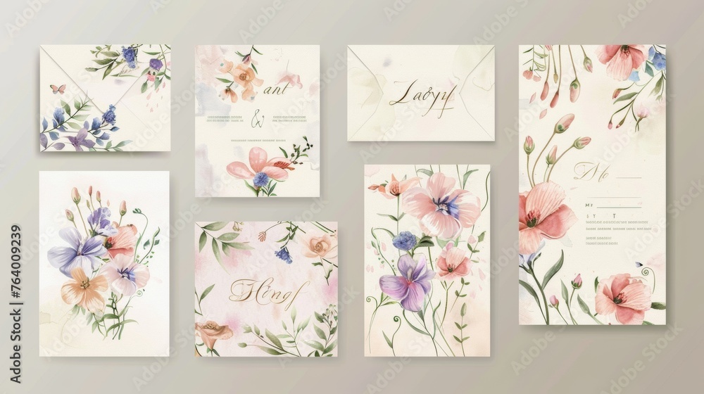 Modern set of watercolor flowers and calligraphic letters. Wedding collection. - obrazy, fototapety, plakaty 