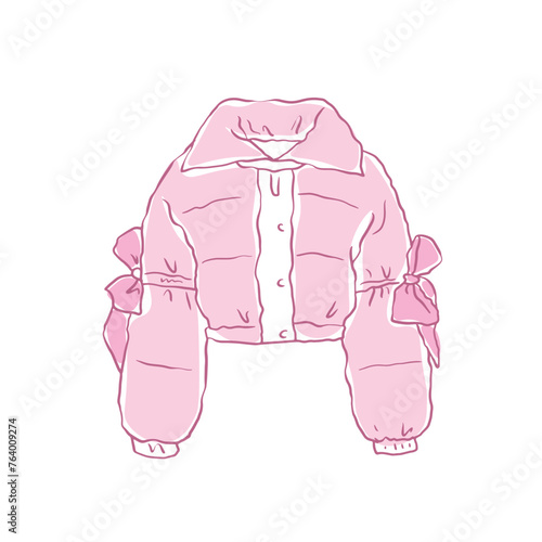 Hand drawn life jacket with pink ribbon bow vector, coquette style, soft girl style clip art