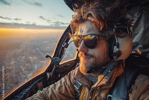 Male pilot with striking features in a cockpit with sunset casting a warm glow photo