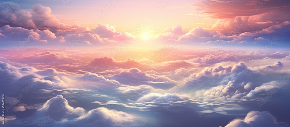 Capture the beauty of a mesmerizing sunset seen from a breathtaking perspective high above the clouds