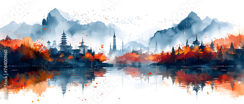 Artistic watercolor rendering of majestic mountains adorned with temples, immersed in the soft hues of autumn, and mirroring onto a tranquil lake