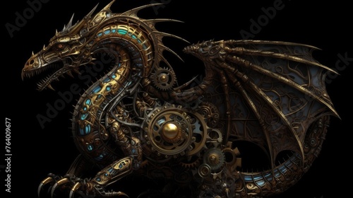 A steampunk-style dragon, crafted with bronze gears and golden embellishments, embodies ancient myth with a mechanical twist, set against darkness