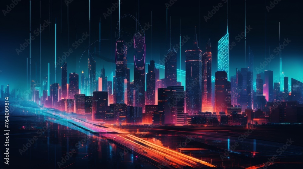 This image captures a vibrant neon-lit metropolis, with the dynamic motion of vehicles on a bustling highway enhancing the futuristic city vibe.