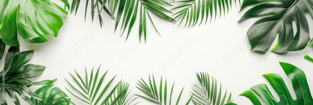Monstera leaves and palm tree branches on white background with copy space, top view. Travel agency banner. Summer, vacation