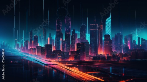 This image captures a vibrant neon-lit metropolis, with the dynamic motion of vehicles on a bustling highway enhancing the futuristic city vibe.