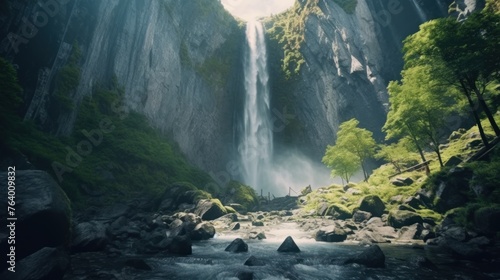majestic waterfall cascading down a rocky mountain covered in trees