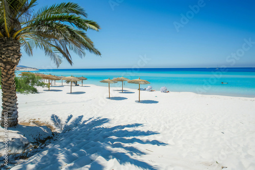 White sand on the beach and turquoise sea, Palm trees and sun umbrellas on the shore, a view of an exotic beach in the tropical Maldives. Travel agency and travel