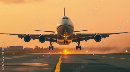 A large jetliner taking off from an airport runway at sunset or dawn with the landing gear down and the landing gear down.