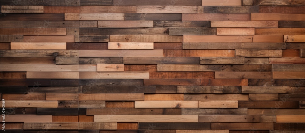 A detailed closeup of a brown hardwood wall made of rectangular wooden blocks, resembling brickwork pattern. The wood stain enhances the natural beauty of the floor A detailed closeup of a brown hardwood wall made of rectangular wooden blocks, resembling brickwork pattern. The wood stain enhances the natural beauty of the floor