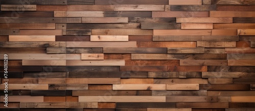 A detailed closeup of a brown hardwood wall made of rectangular wooden blocks  resembling brickwork pattern. The wood stain enhances the natural beauty of the floor